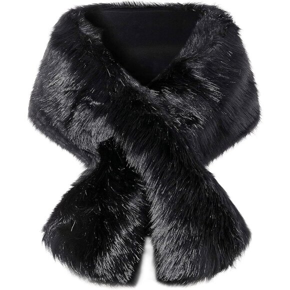 🆕 Women Black Large Faux Fur Collar Shawl Scarf Wrap Evening Cape Winter Coat - Picture 1 of 6